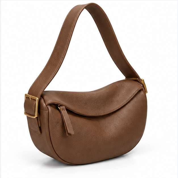 Brown Crescent Shoulder Bag With Buckle-1