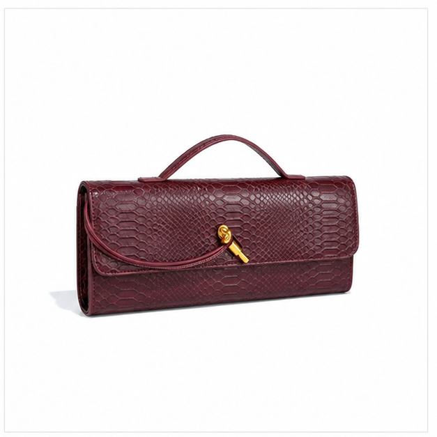 Burgundy Crocodile-Embossed Clutch Bag