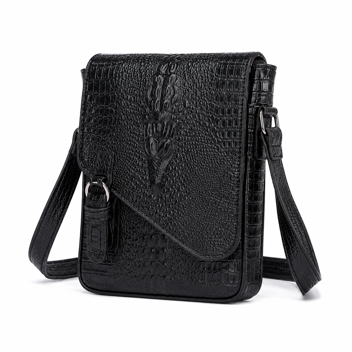 Luxury Black Crocodile Embossed Crossbody Bag-3