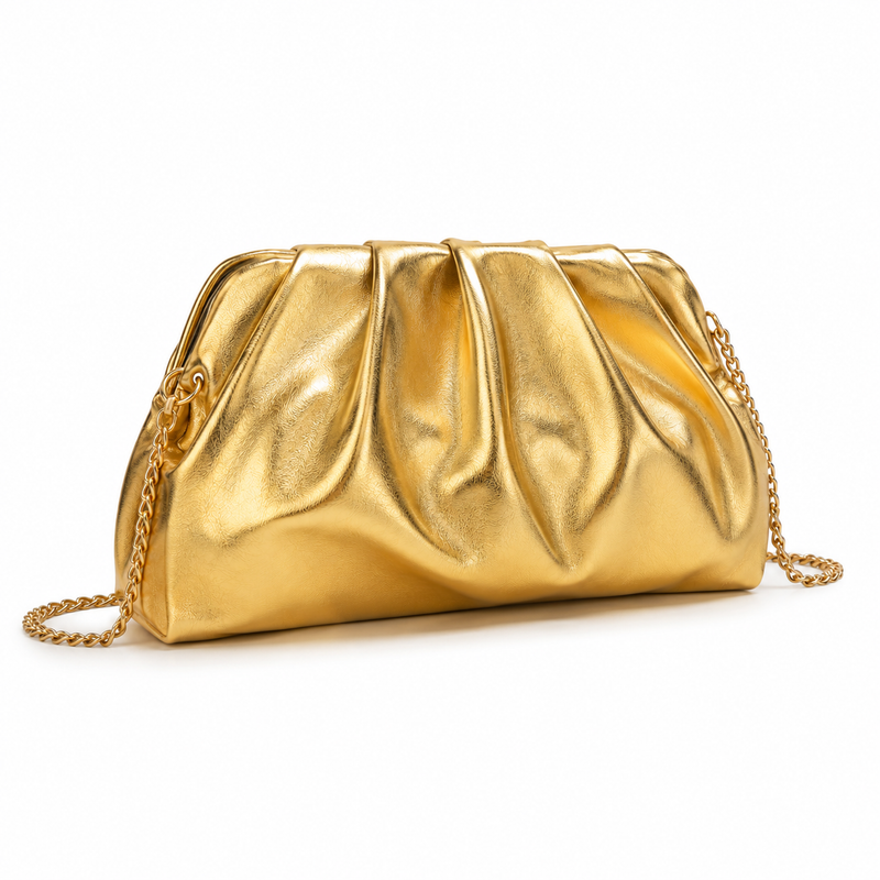 Title: Metallic Gold Ruched Clutch Bag with Chain Strap-3
