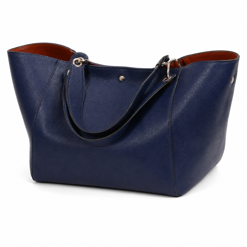 Navy Blue Structured Tote Handbag with Brown Interior-1
