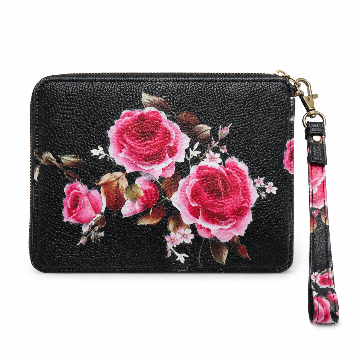 Black Floral Print Zip-Around Wristlet Wallet-4