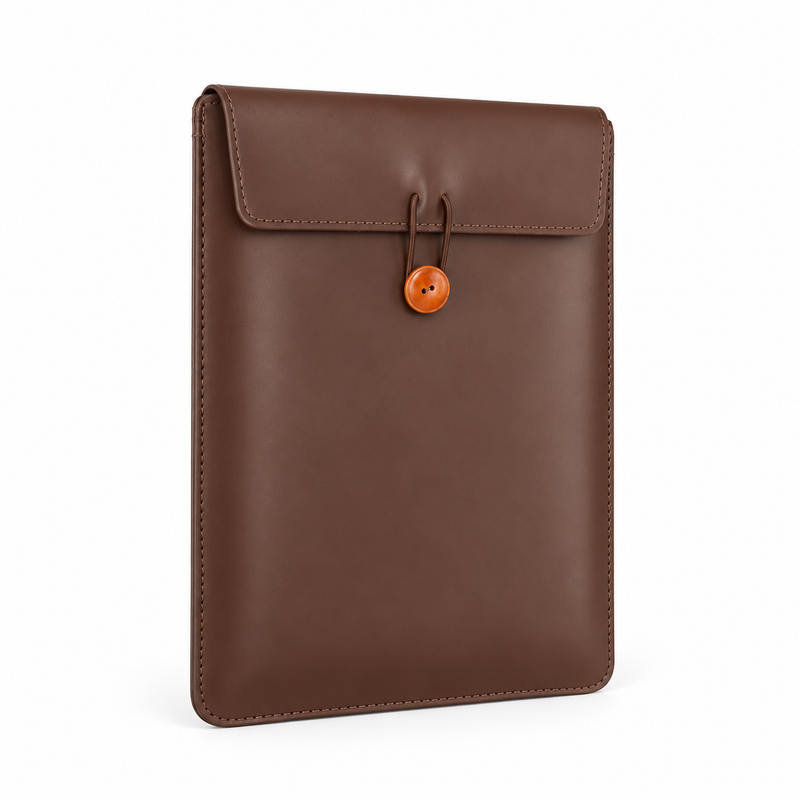 Brown Leather Laptop Bag Button Closure-1