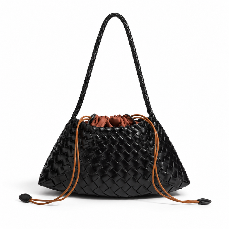 Elegant Black Woven Drawstring Shoulder Bag-4