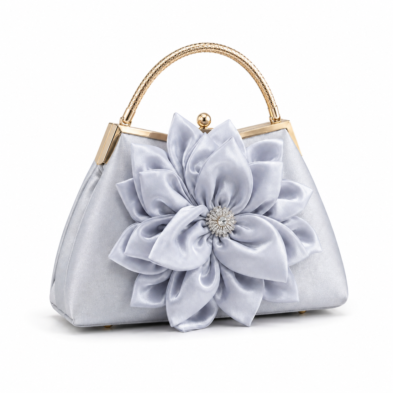Silver Floral Satin Top-Handle Evening Handbag-1