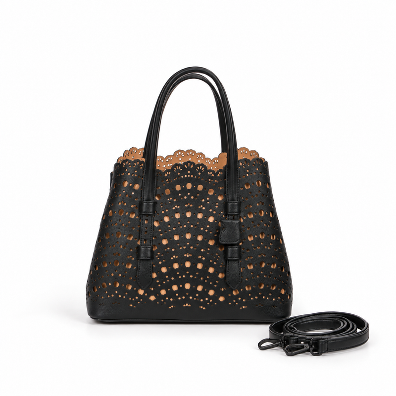 Elegant Black Laser Cut Tote Handbag-4