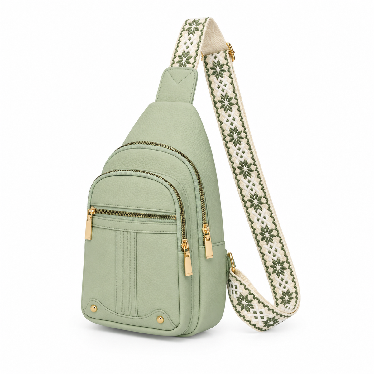 Sage Green Patterned Strap Sling Bag-3