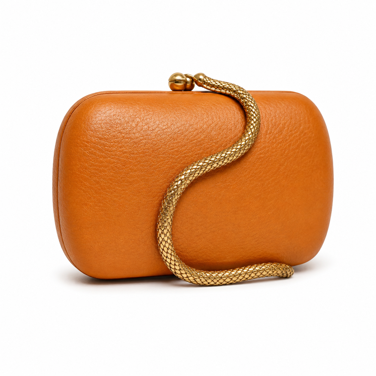 Orange Pebbled Leather Clutch Bag with Gold Snake Chain-4