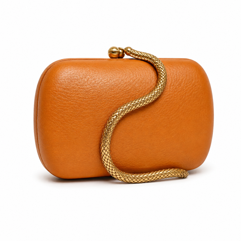 Orange Pebbled Leather Clutch Bag with Gold Snake Chain-4