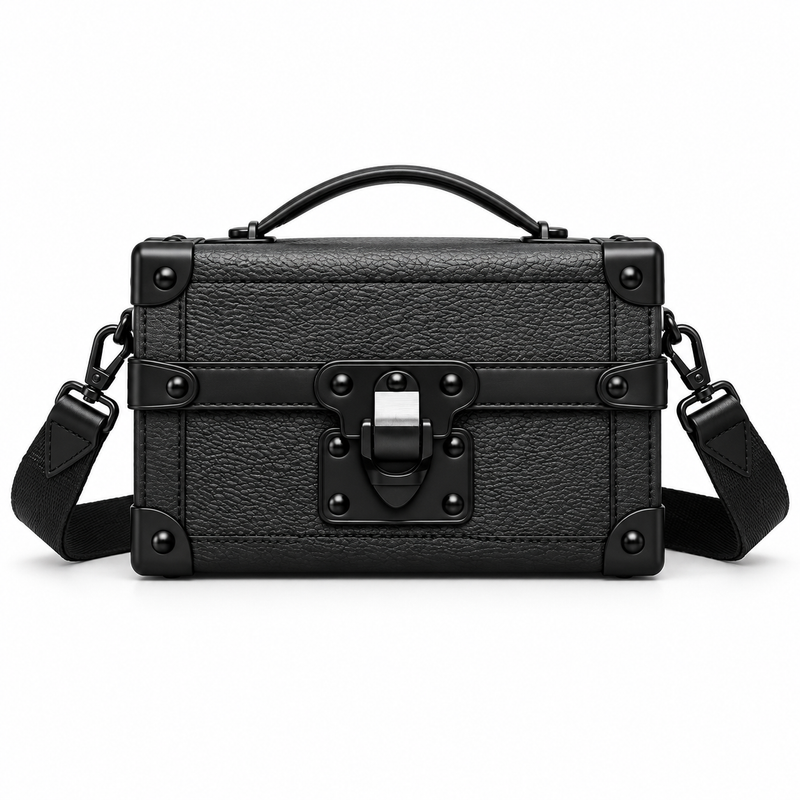 Black Vegan Leather Trunk Crossbody Bag-4