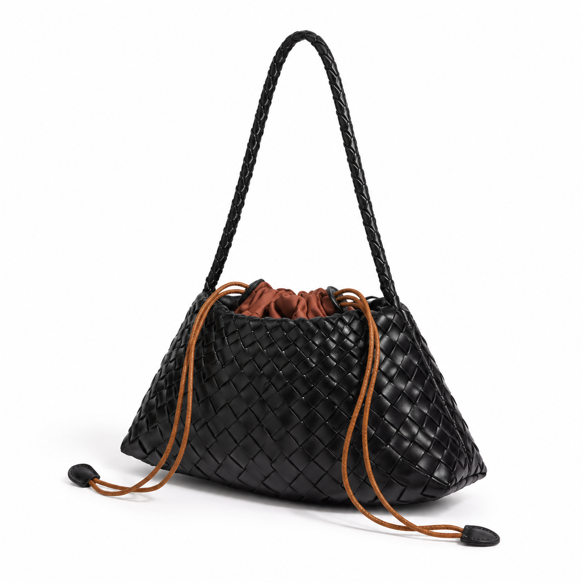 Elegant Black Woven Drawstring Shoulder Bag-2