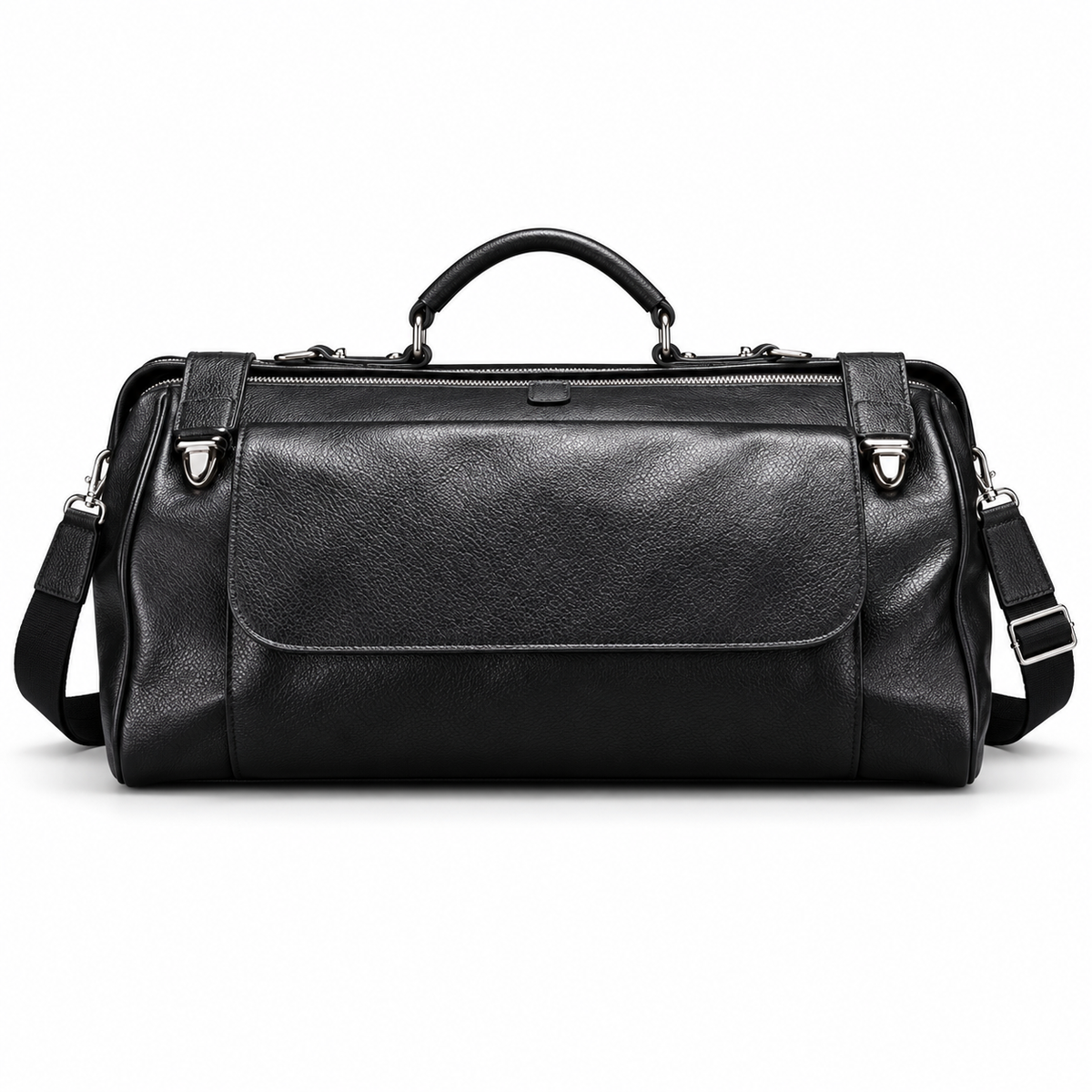 Classic Black Leather Travel Duffel Bag-3