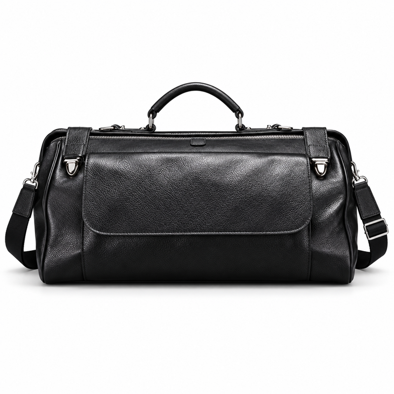 Classic Black Leather Travel Duffel Bag-3