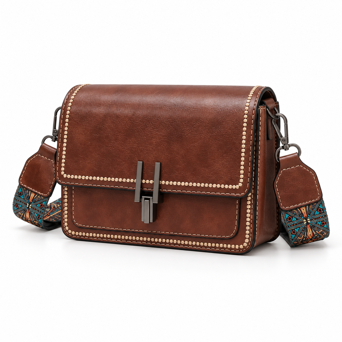 Vintage Brown Patterned Strap Crossbody Bag-3