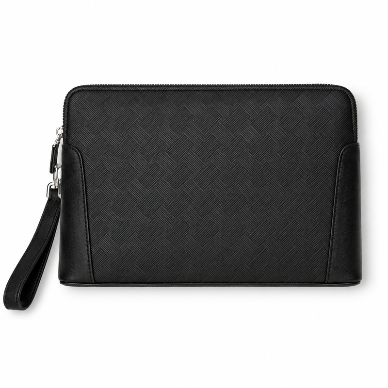 Men’s Black Textured Leather Wristlet Clutch Bag with Zipper-3