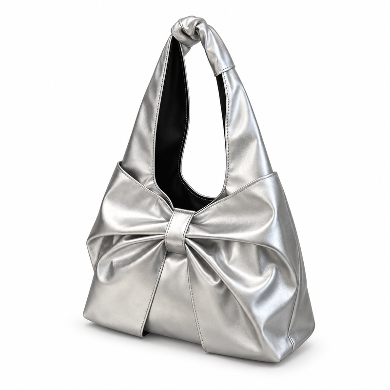 Metallic Bow Knot Silver Shoulder Bag-2