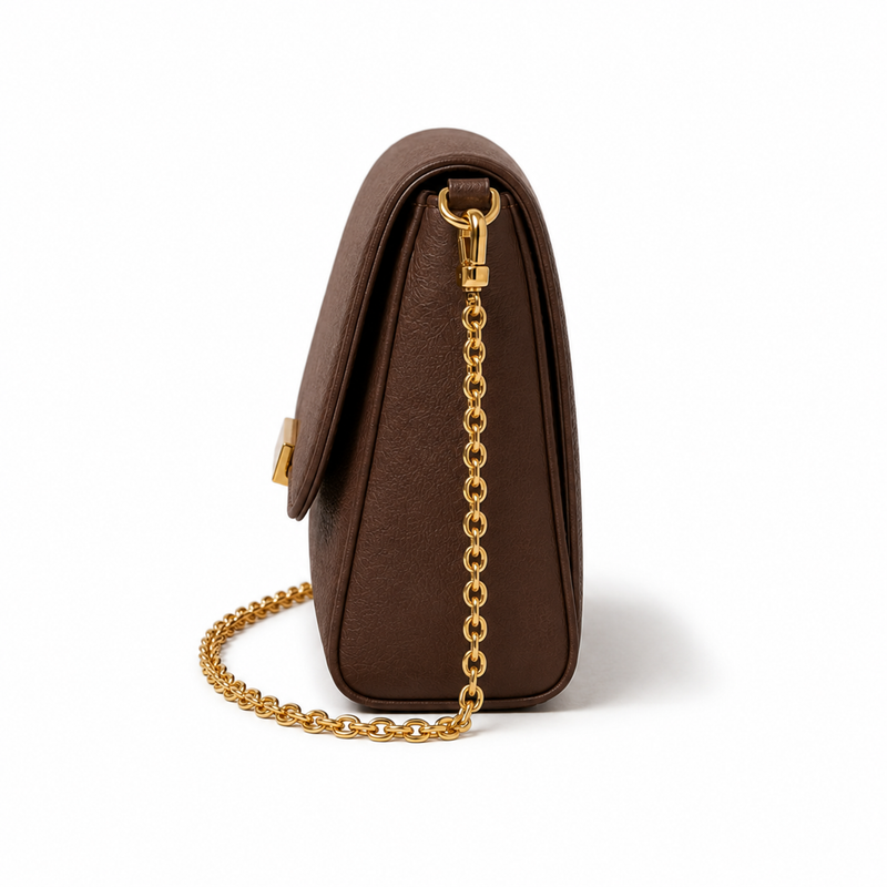 Chocolate Brown Textured Clutch Crossbody Bag with Gold Chain Strap-3