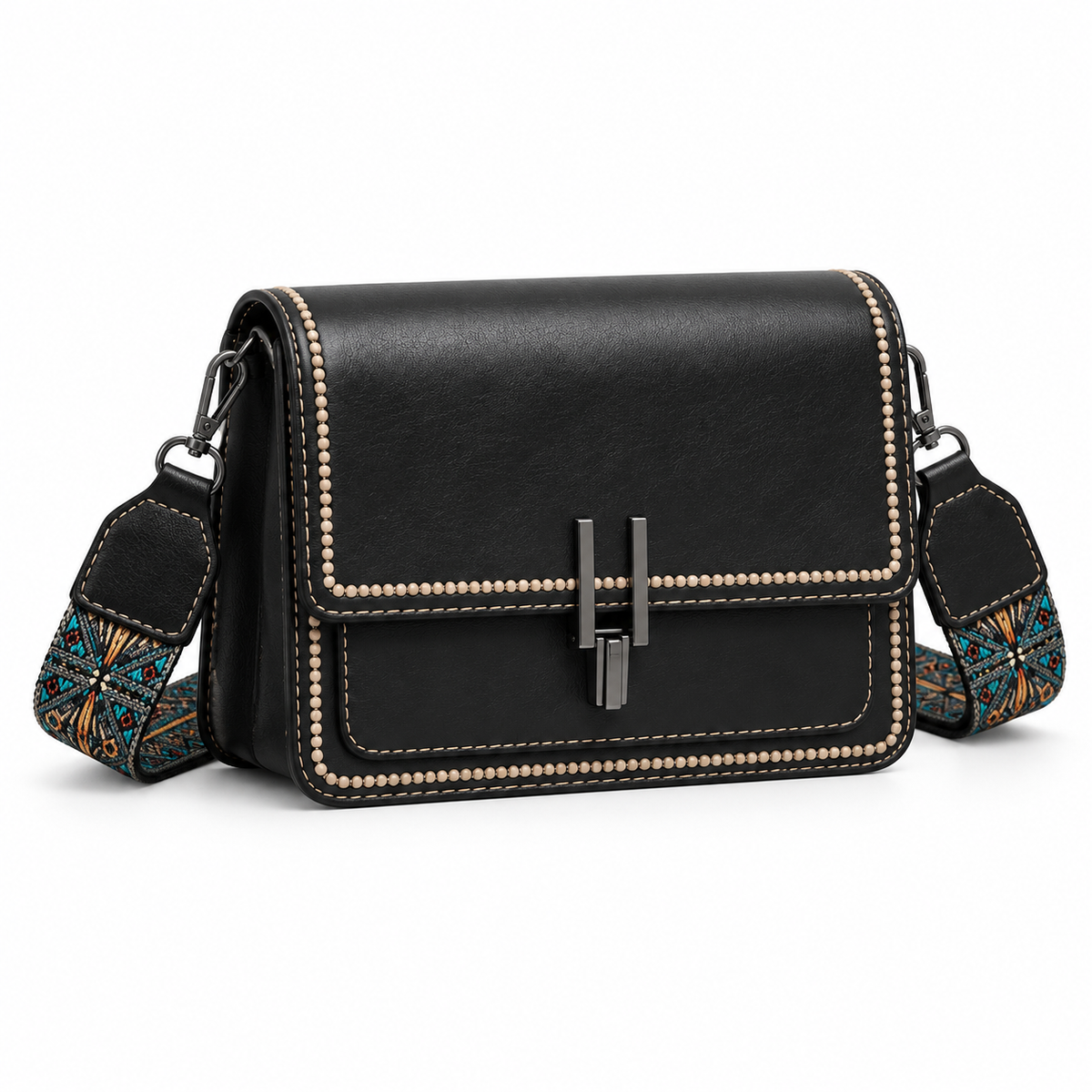 Vintage Black Contrast Trim Patterned Crossbody Bag