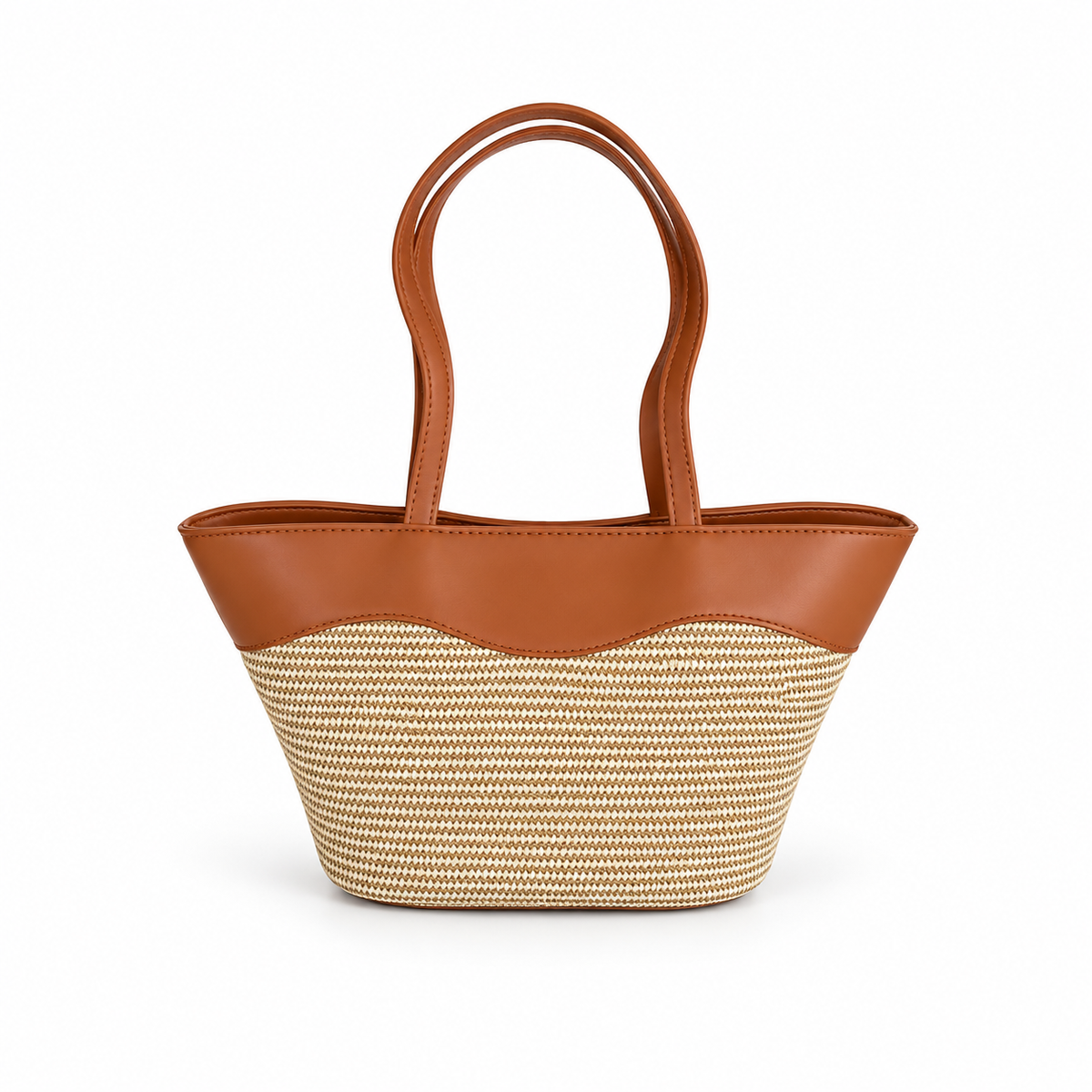Elegant Beige Woven Brown Trim Tote