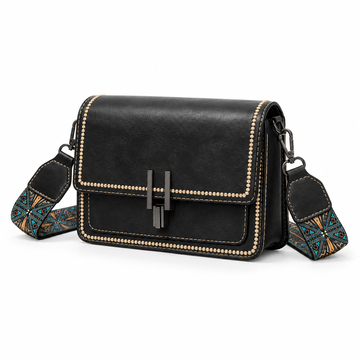 Vintage Black Contrast Trim Patterned Crossbody Bag-3