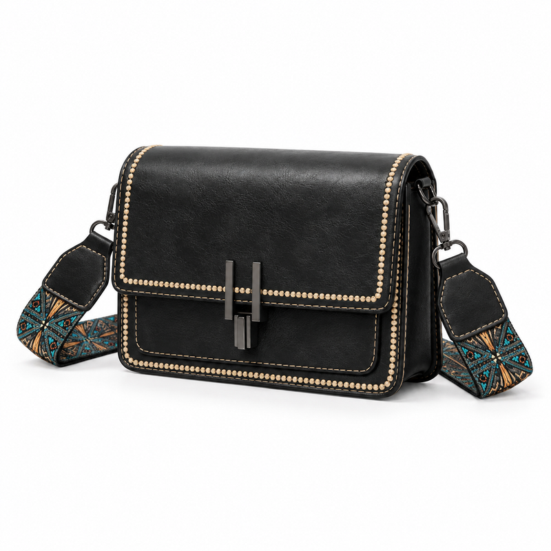 Vintage Black Contrast Trim Patterned Crossbody Bag-3