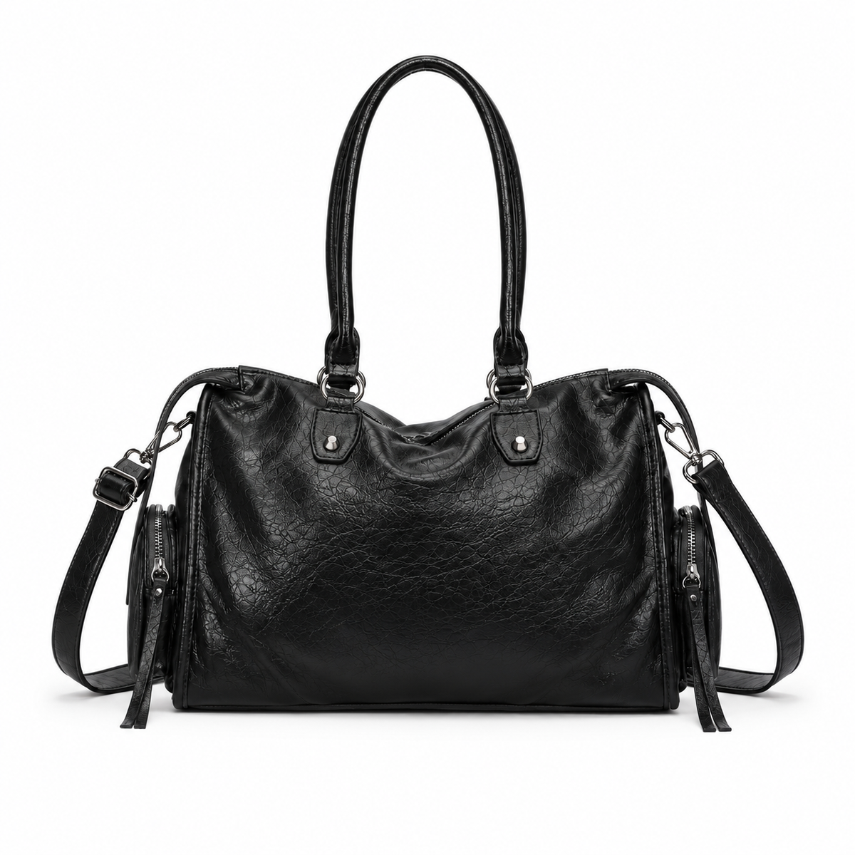 Vintage Black Leather Multi-Pocket Shoulder Handbag-3