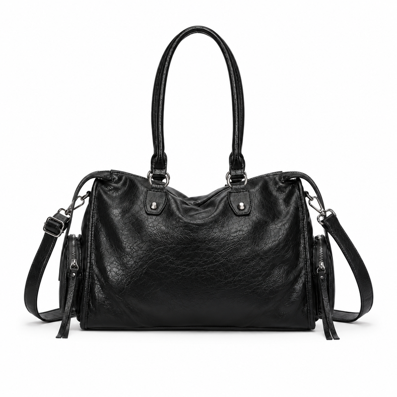 Vintage Black Leather Multi-Pocket Shoulder Handbag-3