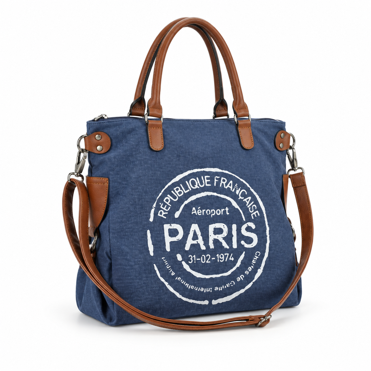 Paris Blue Leather Canvas Tote Bag-1