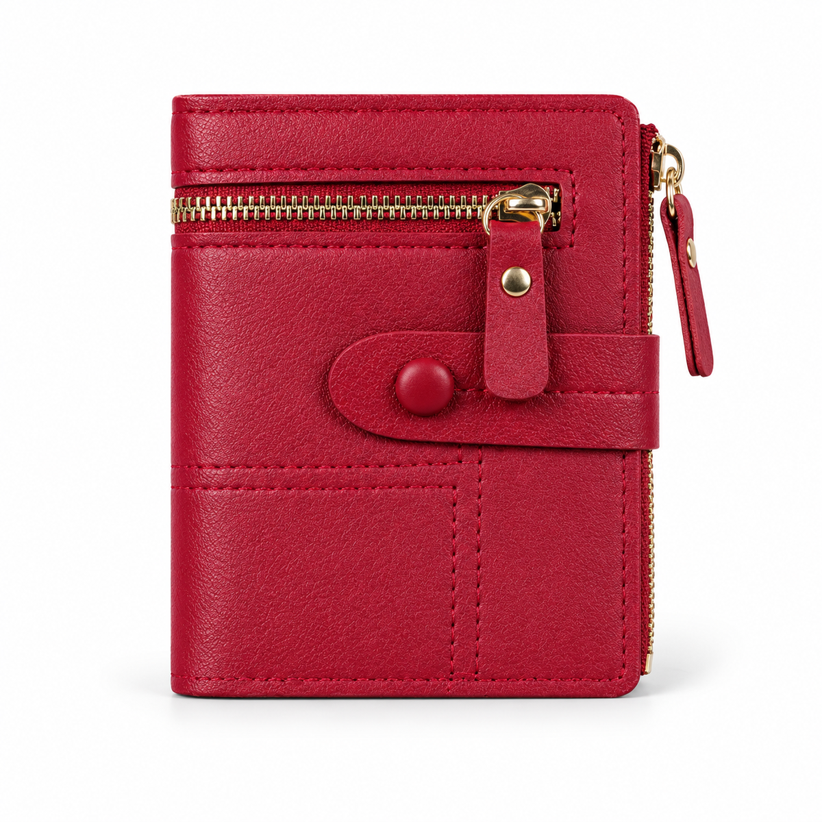 Classic Red Compact Wallet With Zippers-4