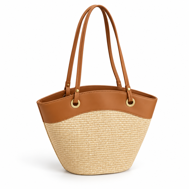 Beige Woven Tote With Brown Trim-1
