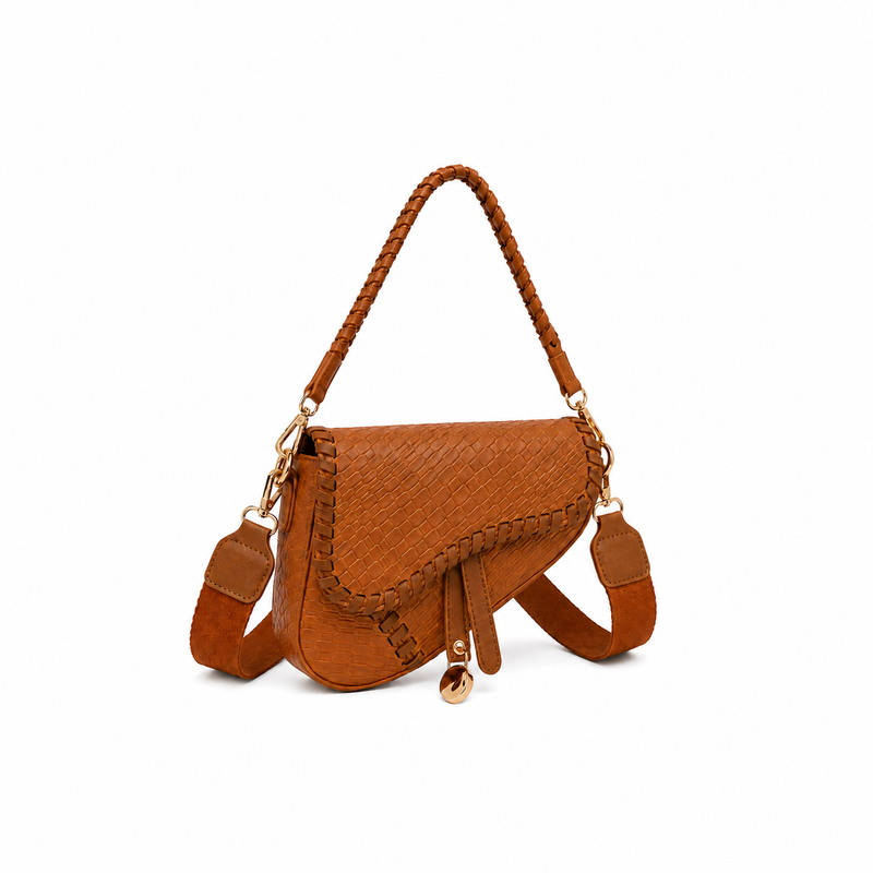 Cognac Woven Leather Braided Saddle Bag-1