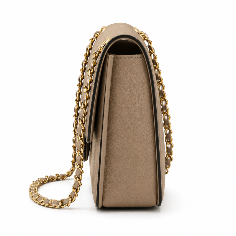 Khaki Textured Chain Strap Shoulder Bag-3