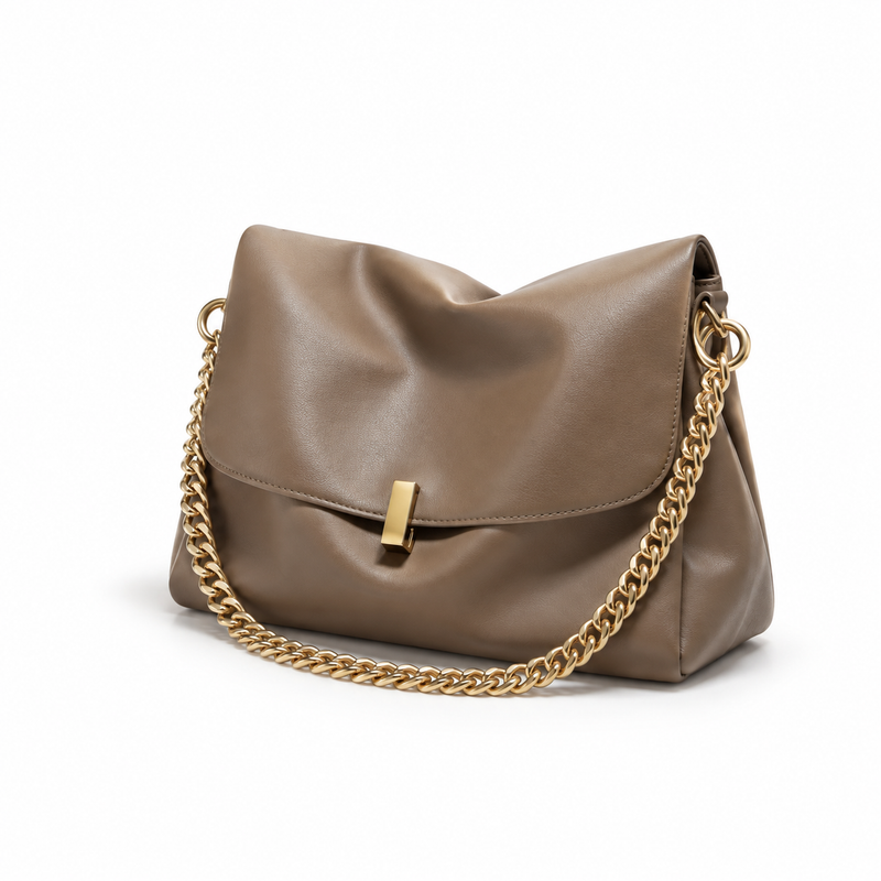 Brown Gold Chain Slouch Shoulder Bag-3