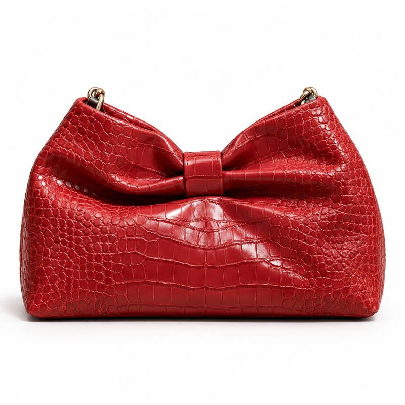 Elegant Red Crocodile Embossed Bow Crossbody Bag-4