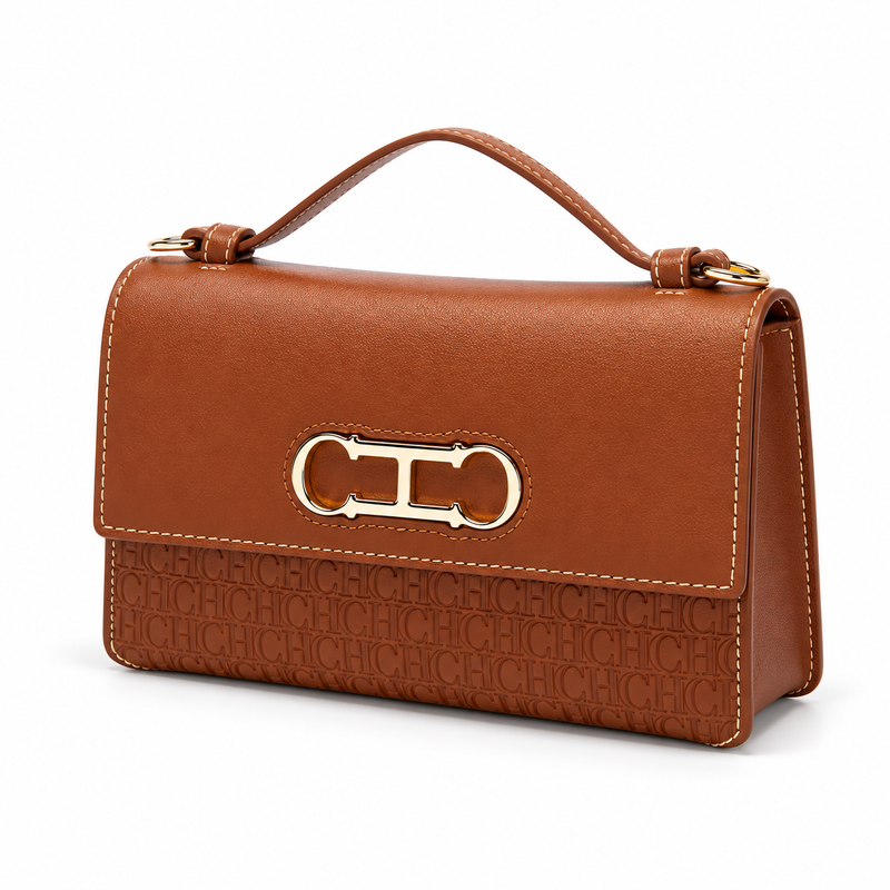 Cognac Brown Embossed Leather Evening Clutch-3