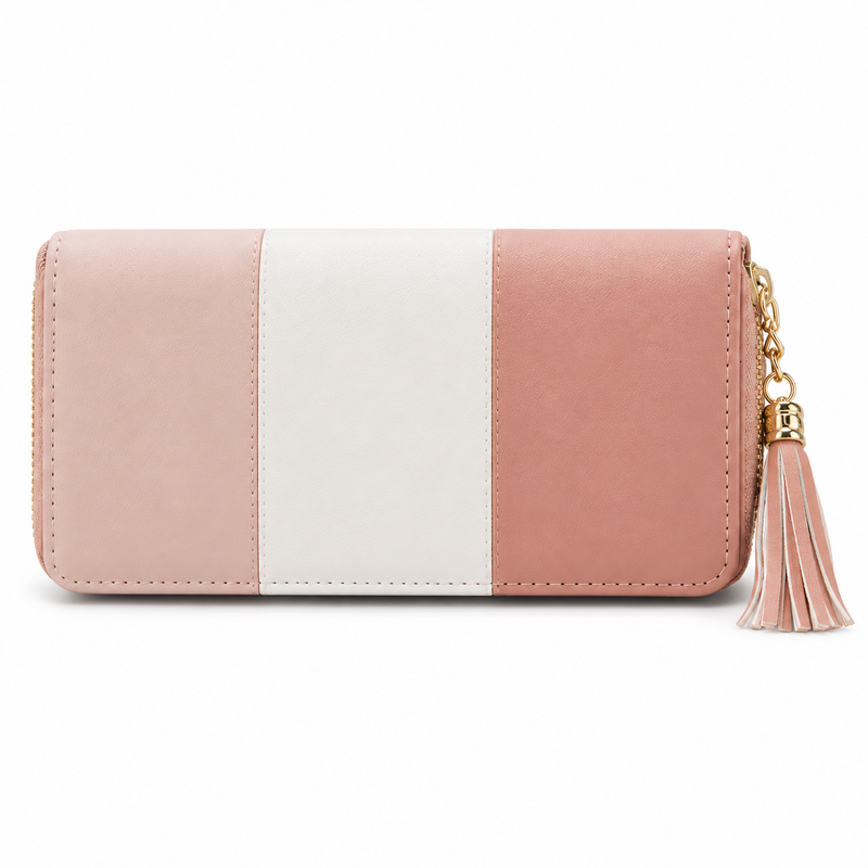 Pink Colour Block Wallet With Tassel-2