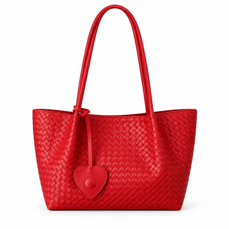 Red Woven Tote With Heart Charm-4