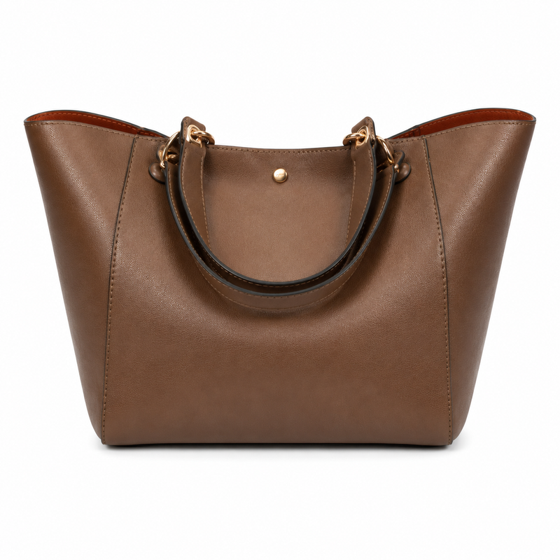 Elegant Brown Structured Tote Handbag with Double Handles and Gold-Tone Hardware-1