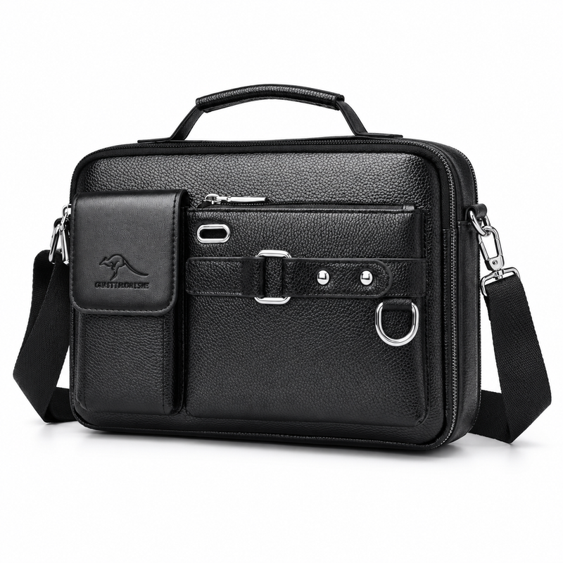 Classic Black Leather Briefcase With Pockets-3