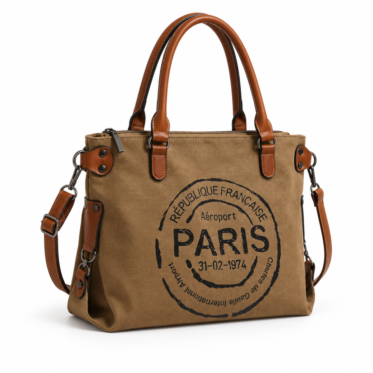 Vintage Paris Leather Canvas Tote Bag-1