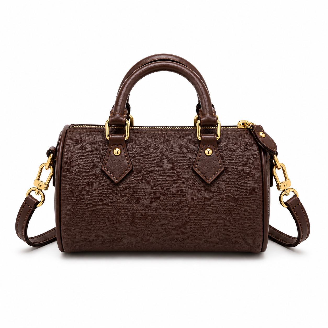 Chocolate Brown Textured Barrel Handbag-4
