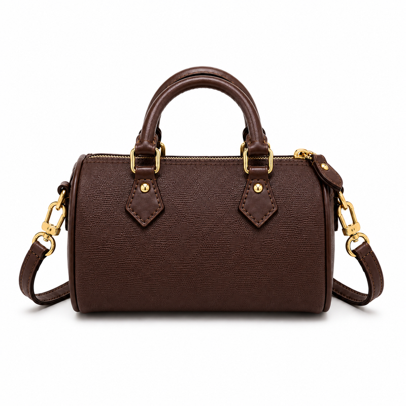 Chocolate Brown Textured Barrel Handbag-4
