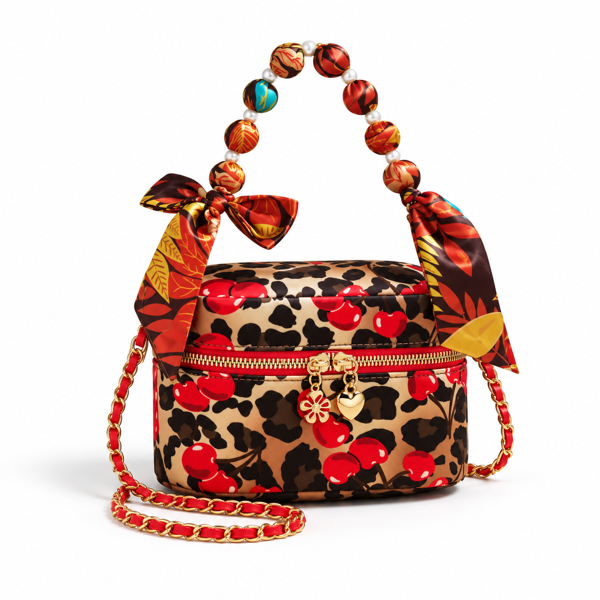 Cherry Leopard Print Beaded Crossbody Bag
