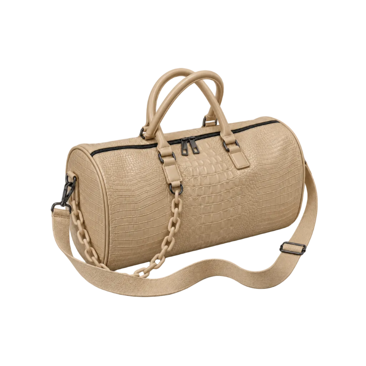 Beige Crocodile Embossed Leather Duffel Bag