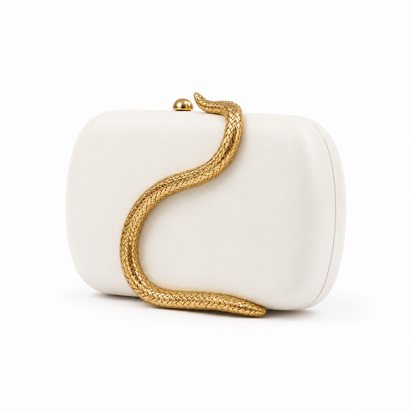 Elegant Ivory Hard-Shell Clutch Bag with Gold Snake Chain Detail-3