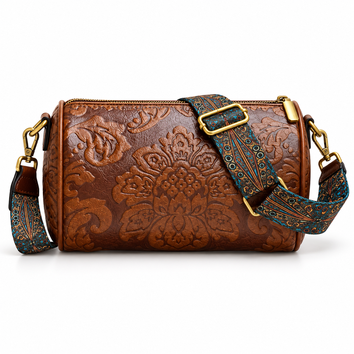 Brown Floral Embossed Barrel Vintage Crossbody Bag-3