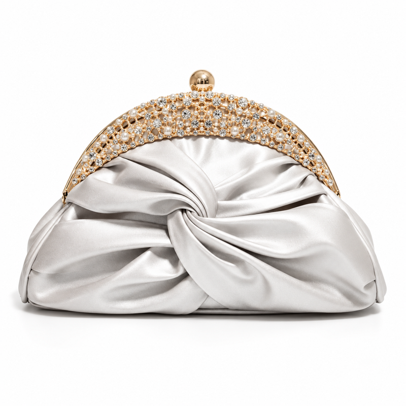 Silver Satin Knot Embellished Evening Clutch-3