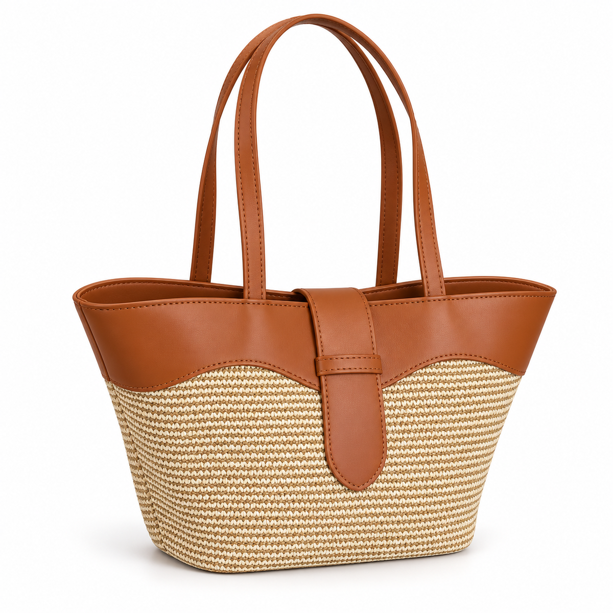 Elegant Beige Woven Brown Trim Tote-1