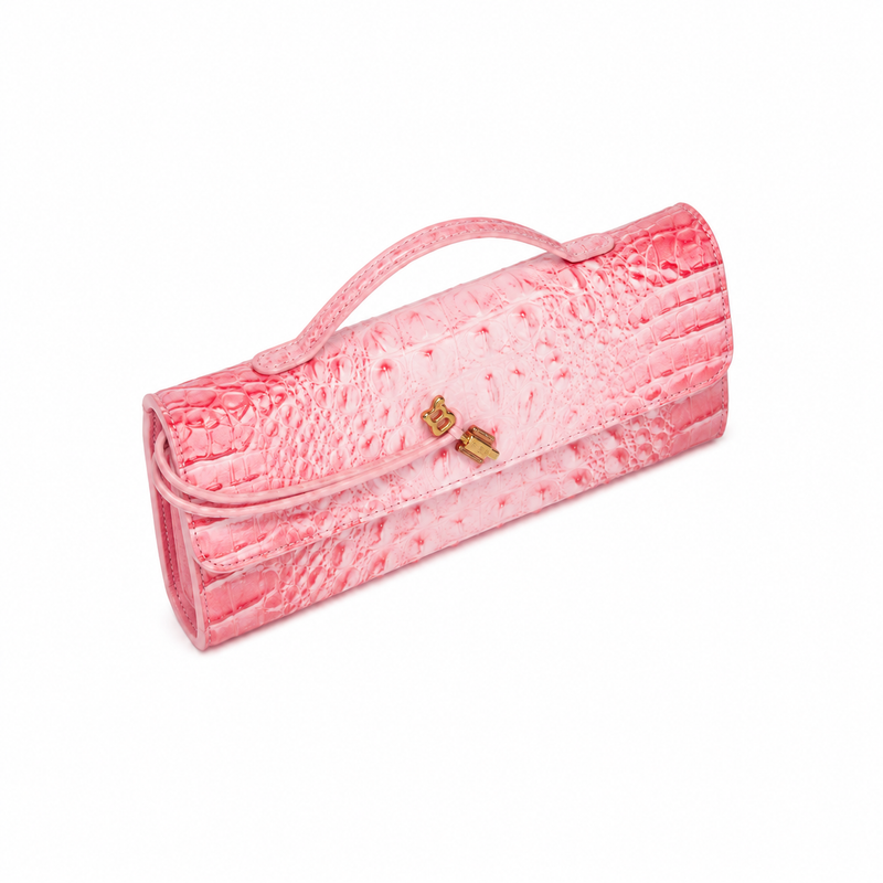 Luxury Pink Crocodile Embossed Top Handle Clutch Bag-3