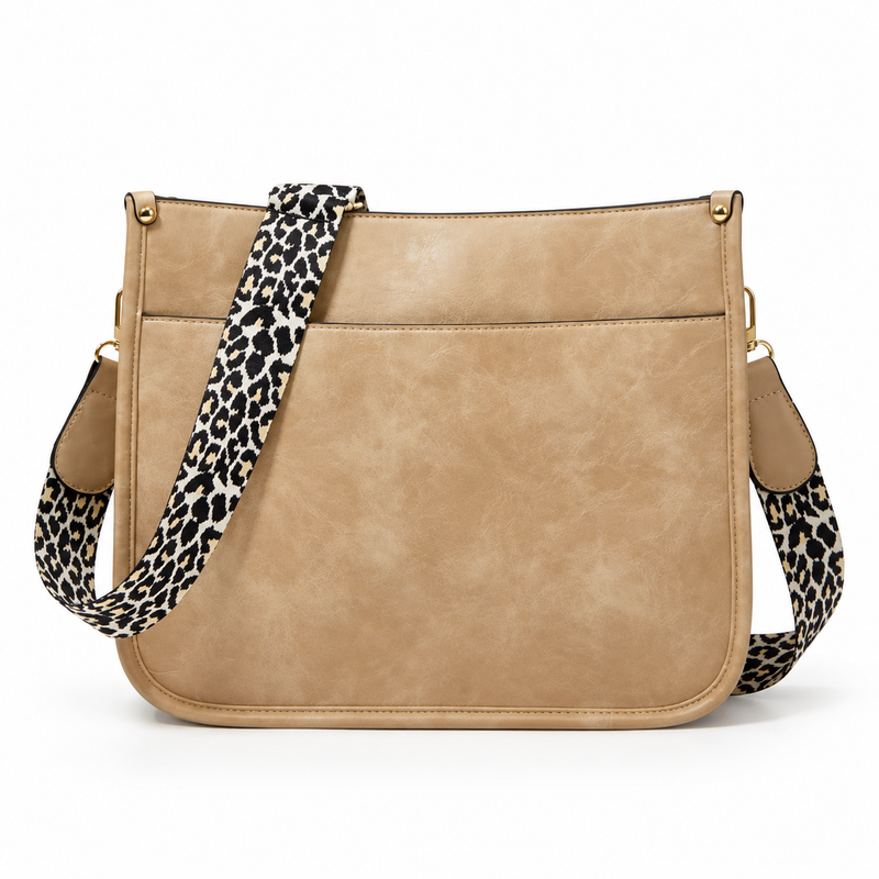 Tan Crossbody Bag With Leopard Strap-2